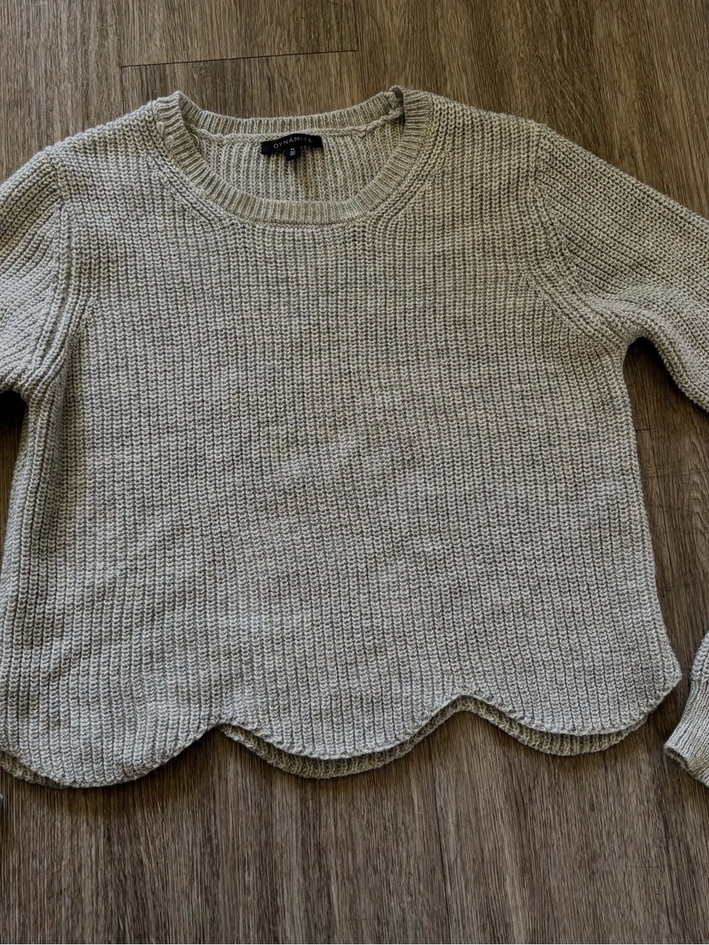 Dynamite Neutral Scalloped-Hem Cropped Crewneck Sweater